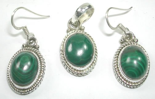 Green Malachite Pendant and Earring Set in Sterling Silver