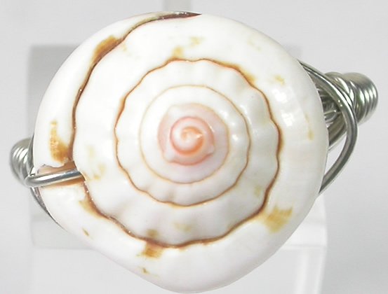 handcrafted Flesh Color Sea Shell Silver colored Wire Wrapped Ring