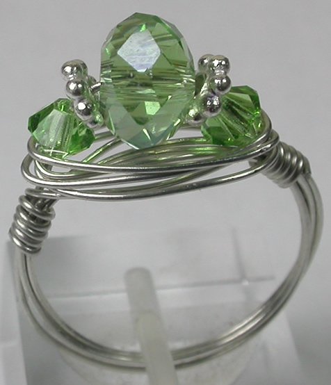 handcrafted Silver Colored Wire Wrapped Green Crystal Ring