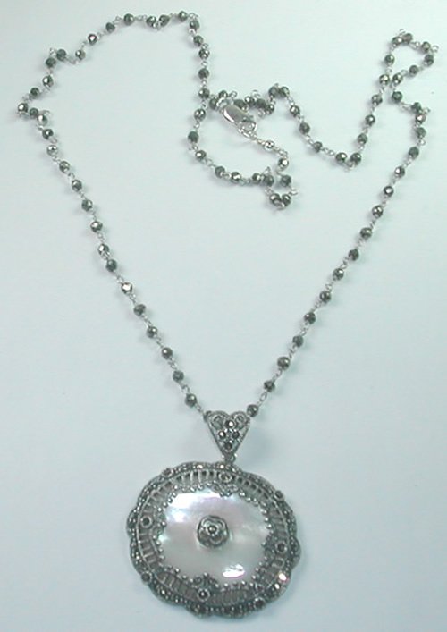 Grey Gunmetal Pyrite Pearly White Mother of Pearl and Marcasite Sterling Silver Necklace