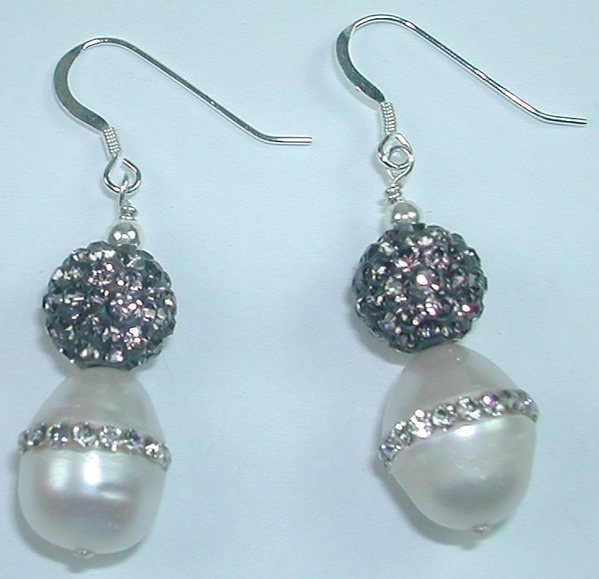 White Pearl Earrings with Rhinestones in Sterling Silver