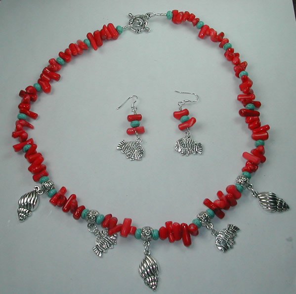 Coral and Turquoise Howlite Necklace and Earring Set with Shells and Fishes
