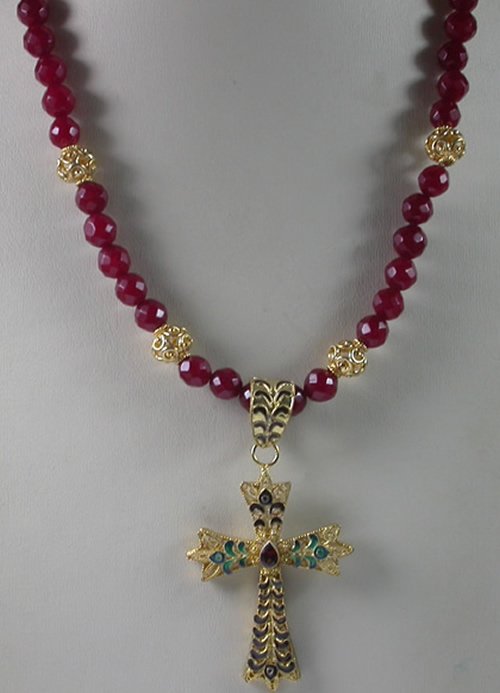 Red Jade Necklace with Sterling Silver Vermeil Garnet Cross