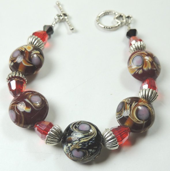 Red Black Brown Patterned Lampwork Bracelet with Lilac and Red & Black Crystal