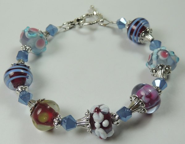 Lilac Red Blue Patterned & Floral Lampwork Bracelet with Blue Crystal