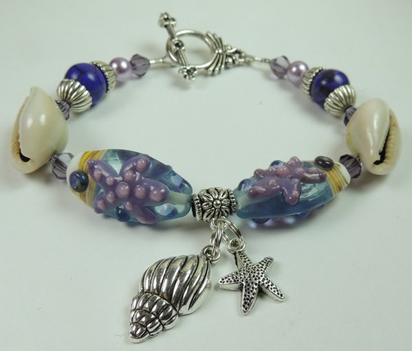 Womans Purple Star Fish Lampwork Bracelet with Sea Shells Lilac Pearls