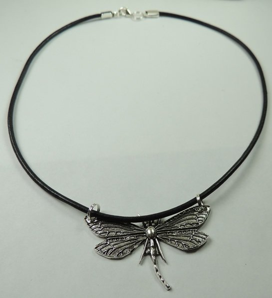 Handcrafted New Unisex Genuine Black Leather Necklace with Silver Tone Dragonfly
