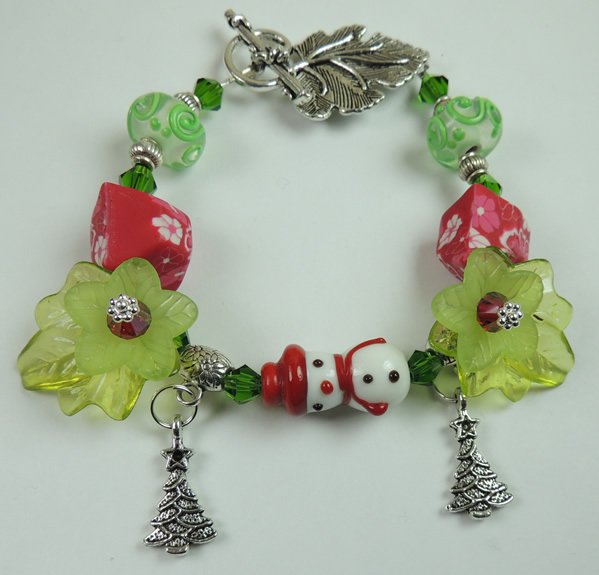 Womans New White and Red Holiday Snowman Lampwork Bracelet