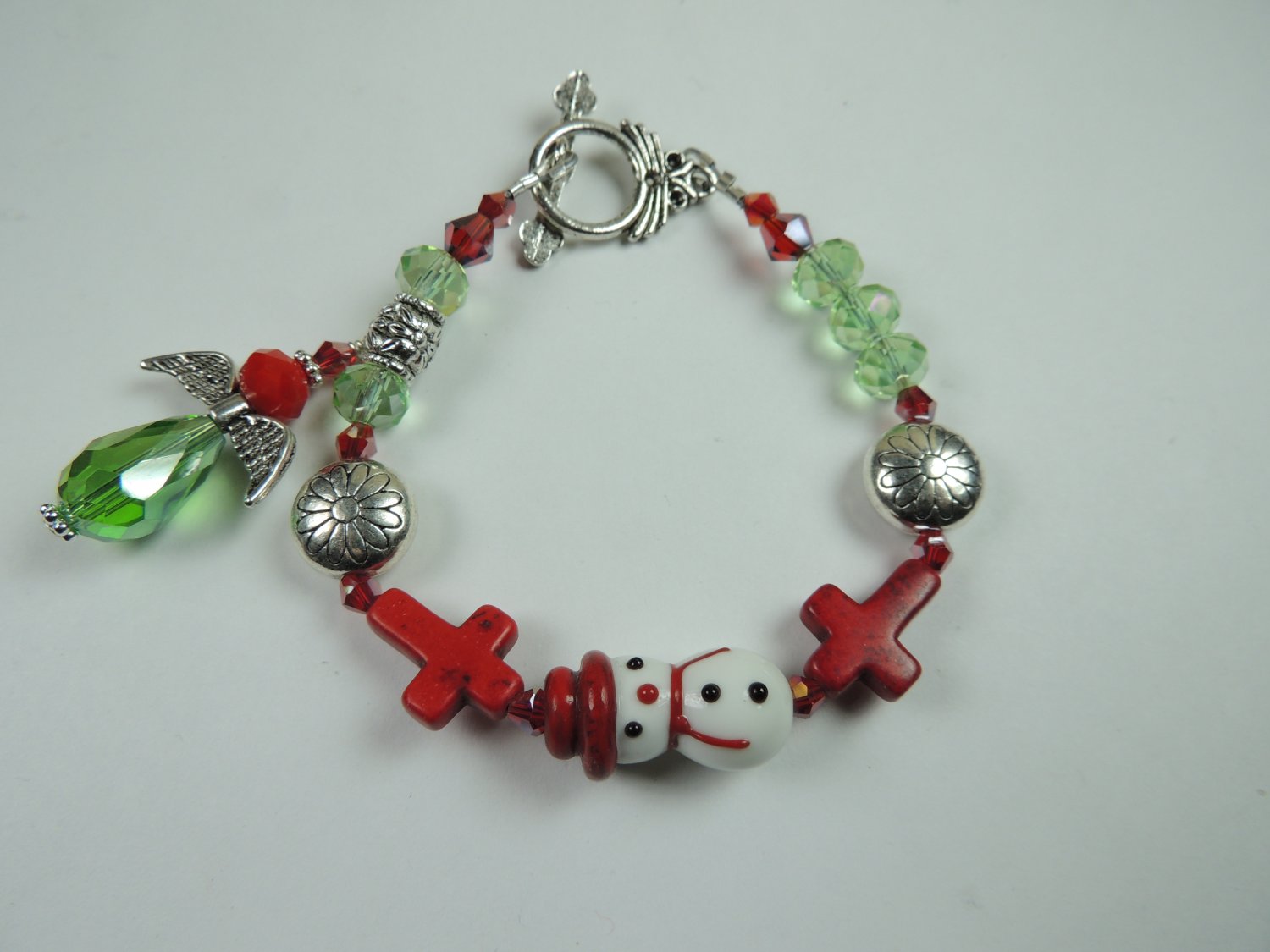 Red & White Snowman Christmas Lampwork Bracelet Red Howlite Crosses