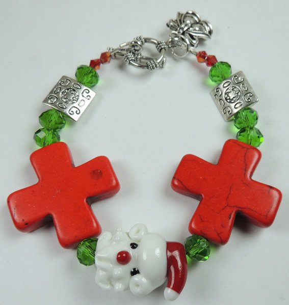 Red & White Christmas Santa Lampwork Bracelet with Red Howlite Crosses & Bell Charm