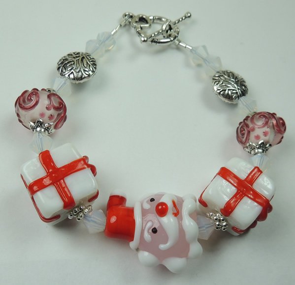 Red and White New Christmas Santa Lampwork Bracelet with White Frosted Crystal