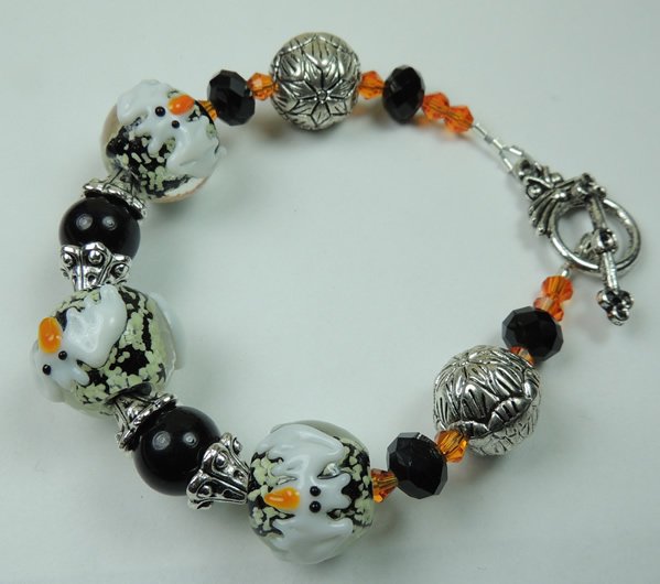 White Black and Orange Glow in the Dark Bat Halloween Lampwork Bracelet