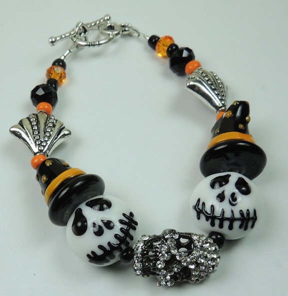 White and Black Skull Lampwork with Witches Hats & Silver Rhinestone Skull
