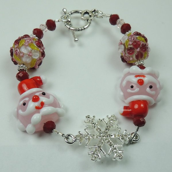 Pink Red and White Christmas Santa Lampwork Bracelet with Silver Tone Rhinestone Snowflake