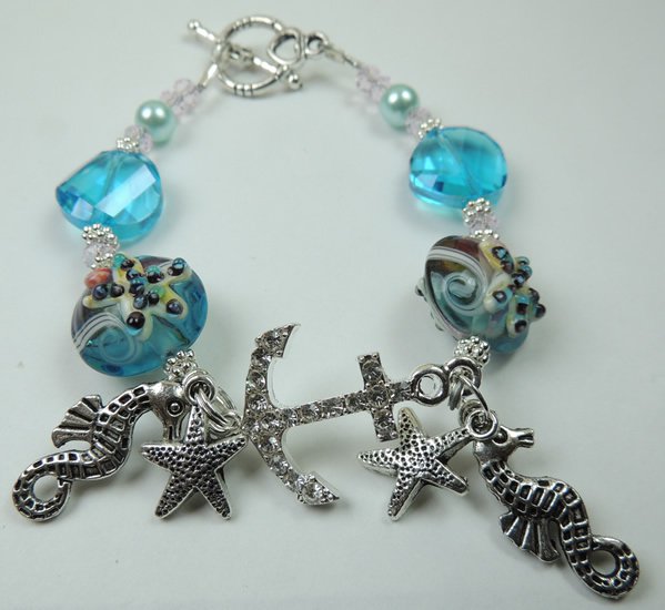 Turquoise Starfish Lampwork Bracelet with Rhinestone Anchor and Metal Silver Tone Charms