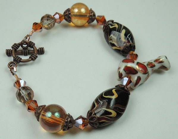 Black Brown Beige Swirl Lampwork Bracelet with White & Red Spotted Porcelain Giraffe