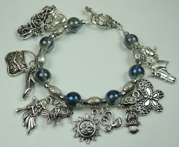 Silver Tone Charms Bracelet with Butterfly Sun Angel & Blue Glass Beads