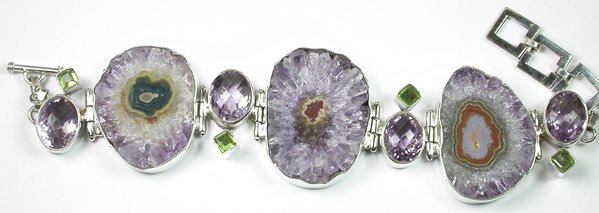 Purple Geode Green Peridot Sterling Silver Bracelet