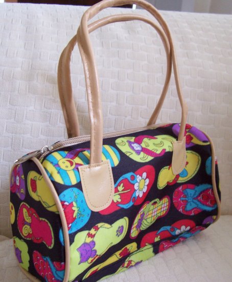 handbagbargains: Flip Flop Print Black Mini Barrel Handbag Purse Tote