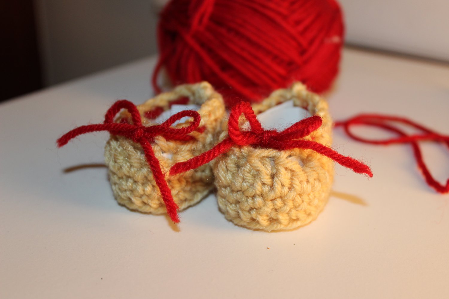 Beige, Red Bow Baby Booties