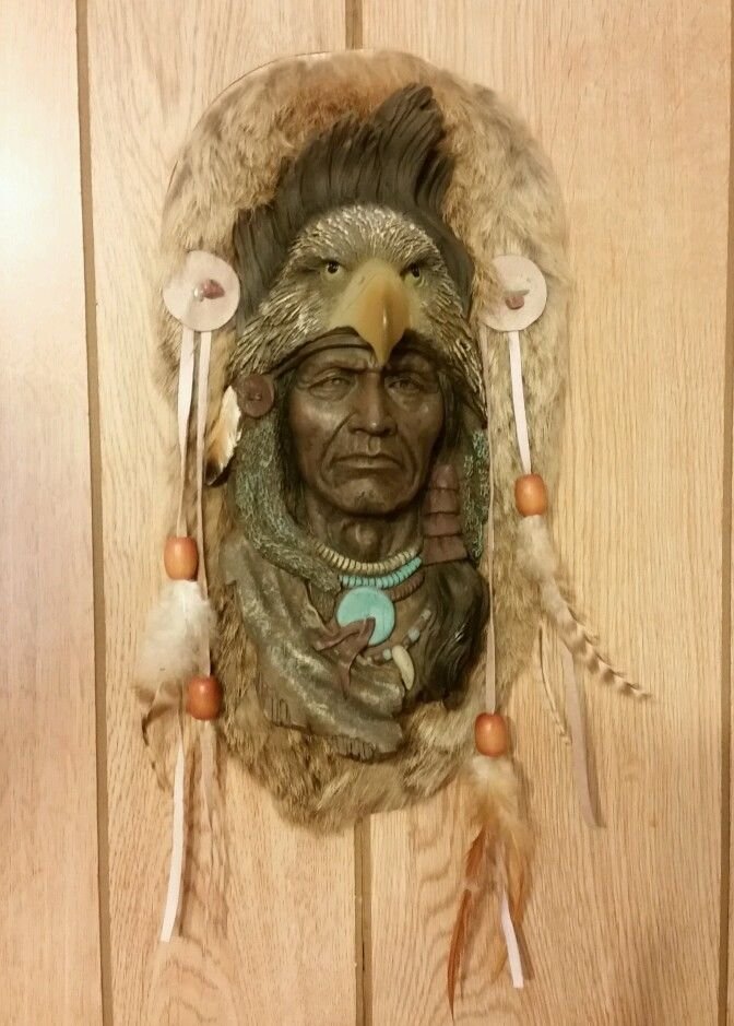 Vintage Native American Head Wall Hanging with real Rabbit Fur VTG NA