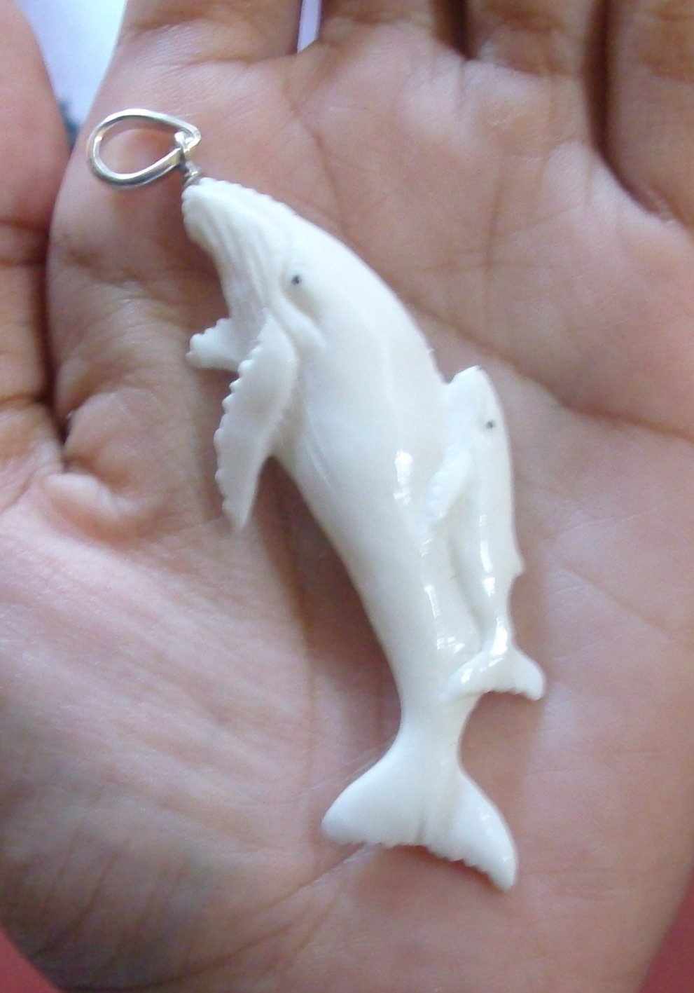 Bali Pendant Necklace Whale Group F/r Buffalo Bone Carving w/ Silver Bail 925 #r404
