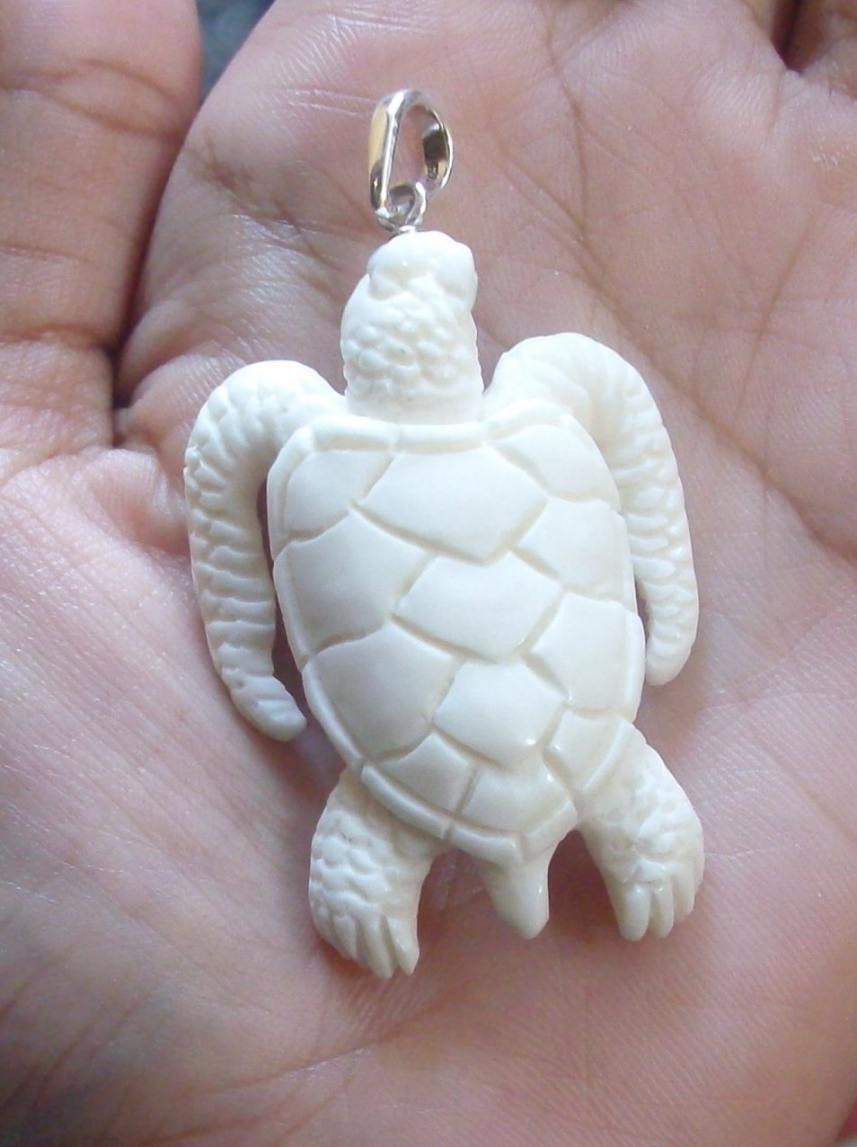 Bali Pendant Necklace TURTLE Double Side F/r Buffalo Bone Carving w/ Silver Bail 925 #r403