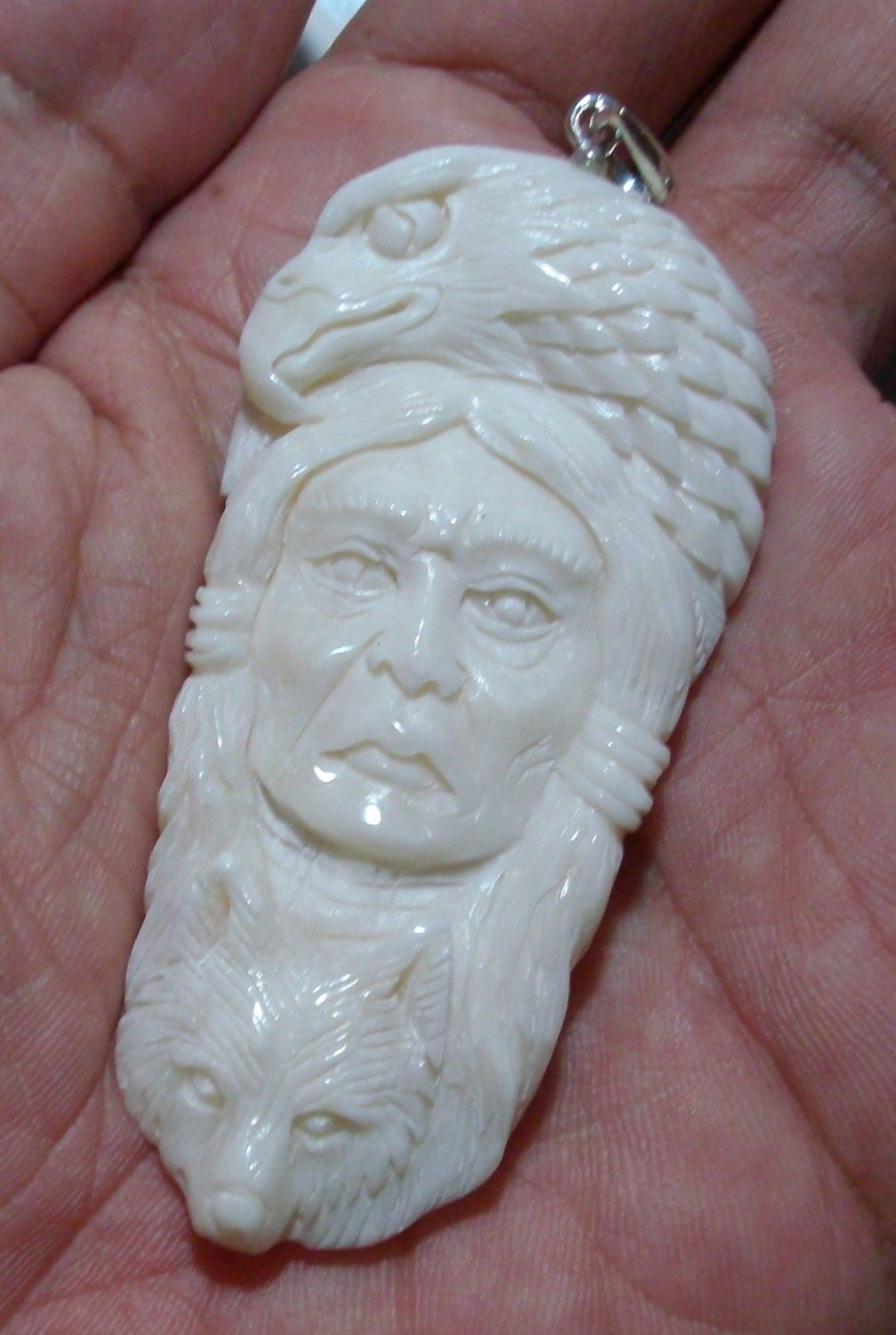 Bali Pendant Neckalce Indian Girl Eagle & Bear F/r Buffalo Bone Carving w/ Silver Bail 925_q704