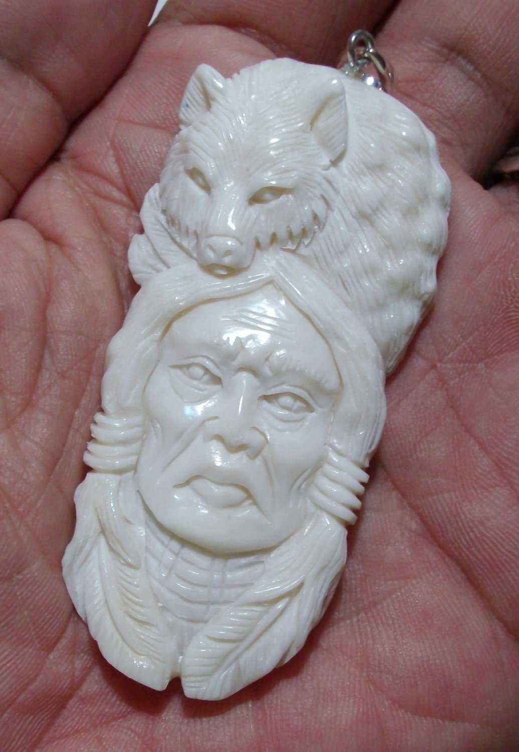 Bali Pendant Necklace Indian Face Wolf F/r Buffalo Bone Carving w/ Silver Bail_q703