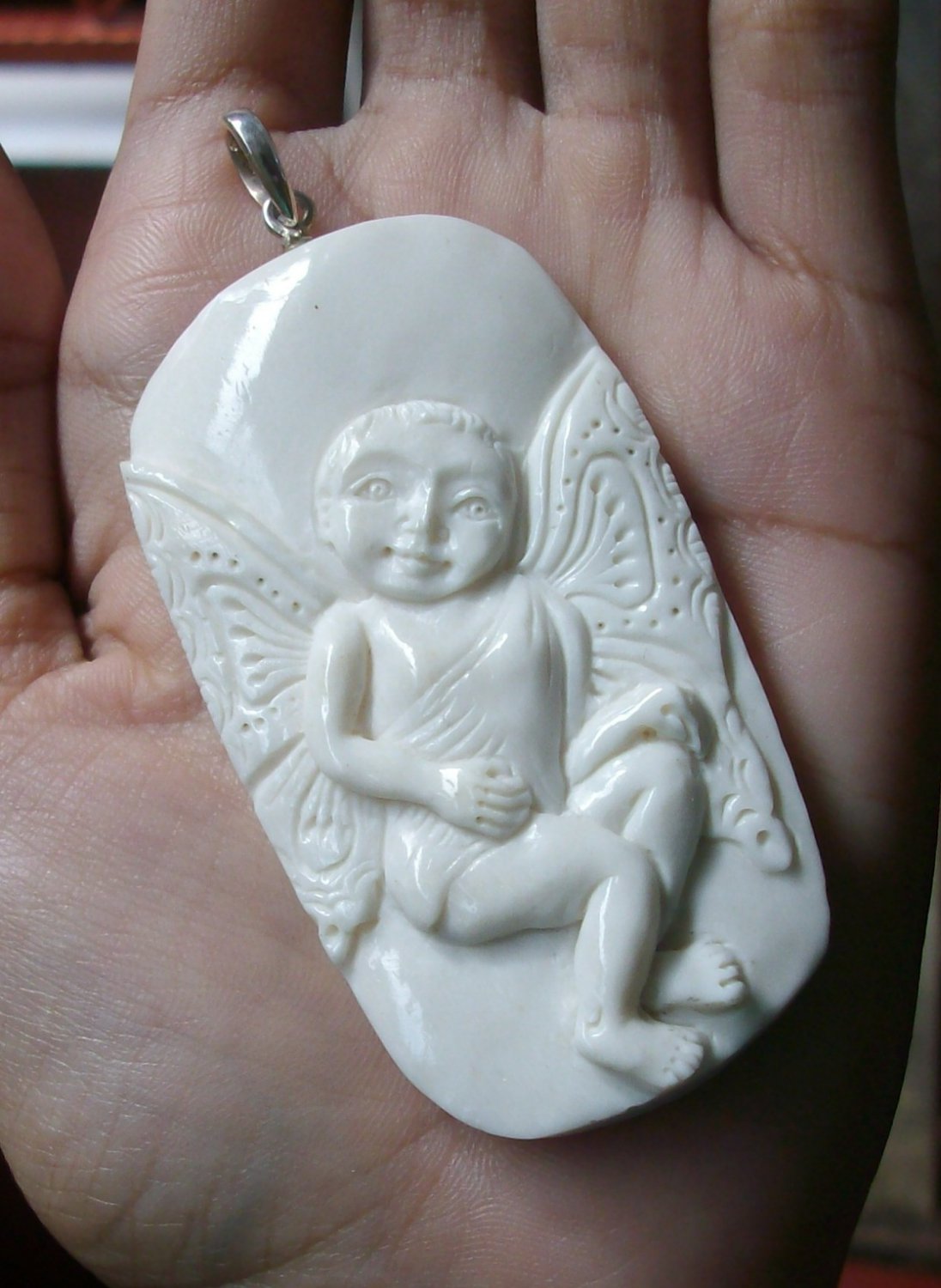 Bali Pendant Necklace Cupid Love Baby Angel From Buffalo Bone Carving w/ Silver Bail 925#r380