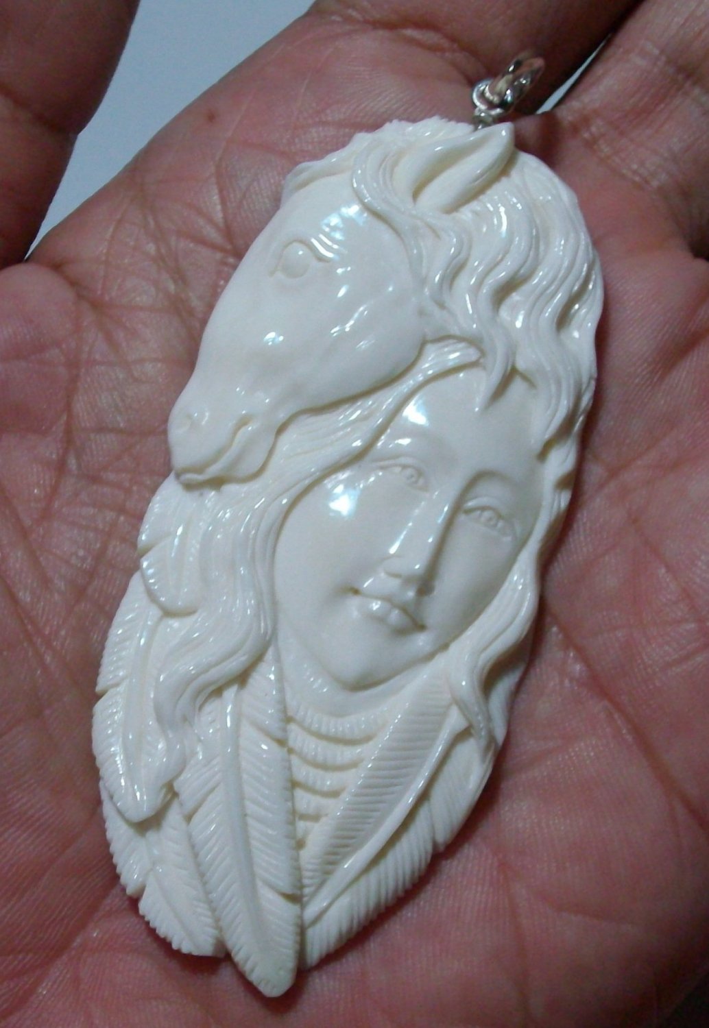 Bali Pendant Necklace Indian Girl Horse Goddes From Buffalo Bone Carving With Silver Bail 925_q658