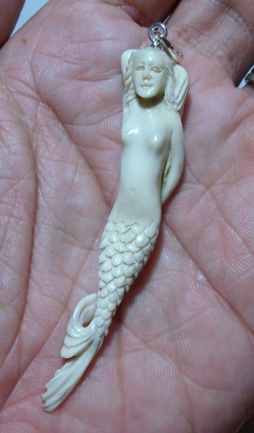 Bali Pendant Necklace Nude Mermaid From Deer Antler Carving w/ Silver Bail 925_q660