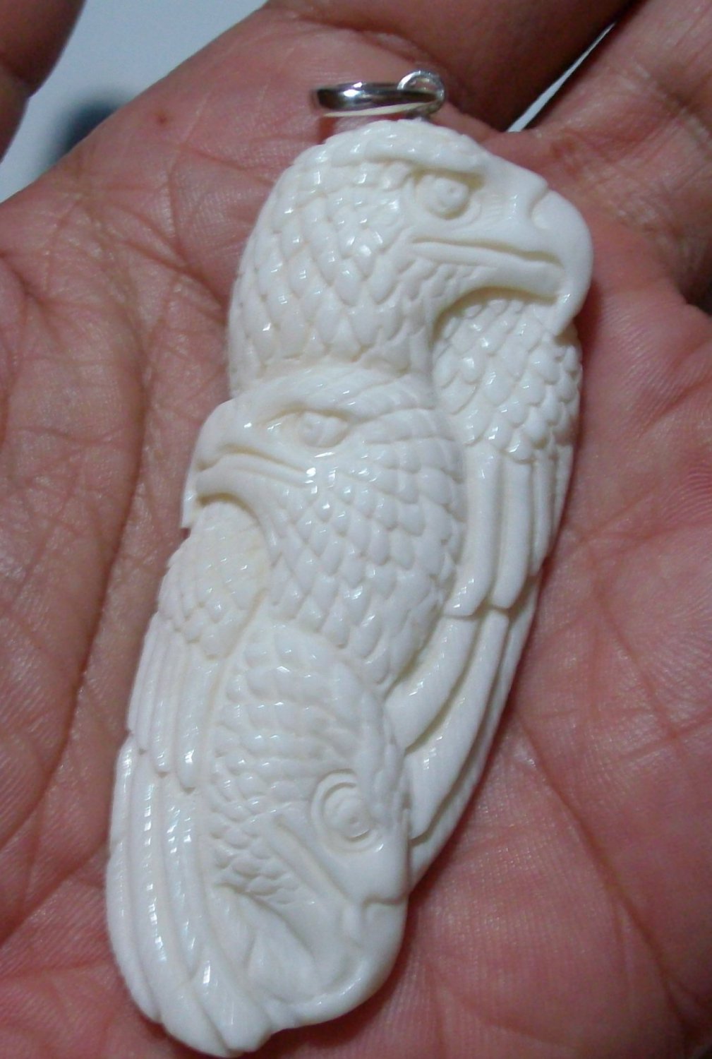 Bali Pendant Necklace Triple Eagle Group From Buffalo Bone Carving With Silver Bail 925_q655