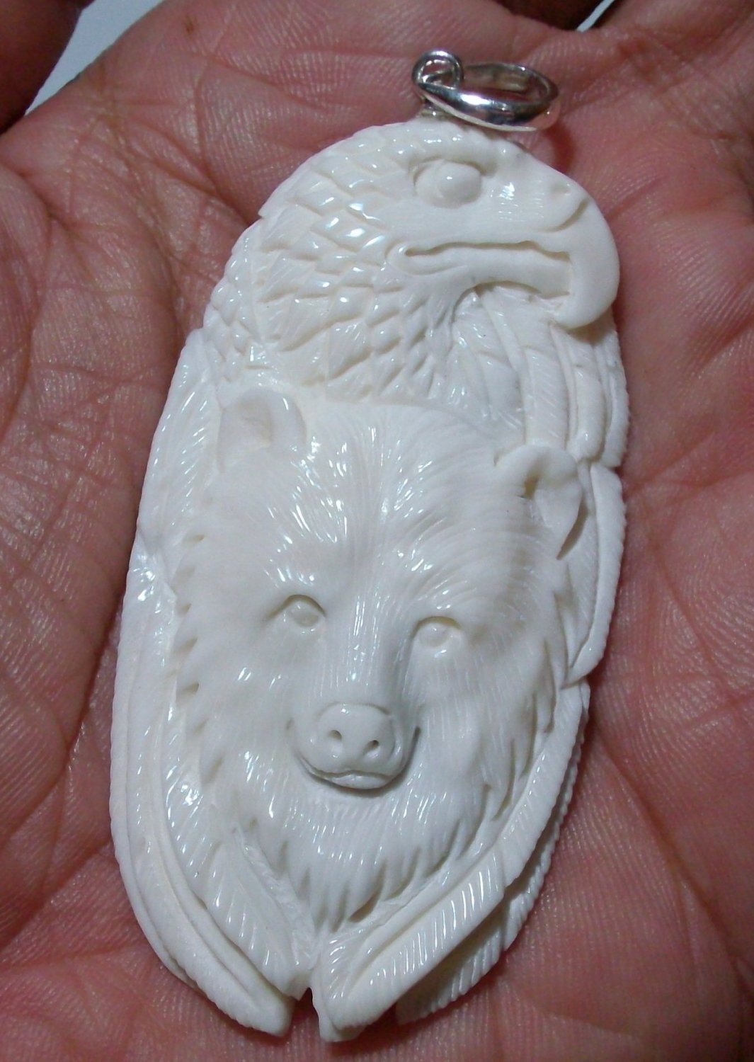 Bali Pendant Necklace Eagle & Beast Were Wolf From Buffalo Bone Carving With Silver Bail 925_q654