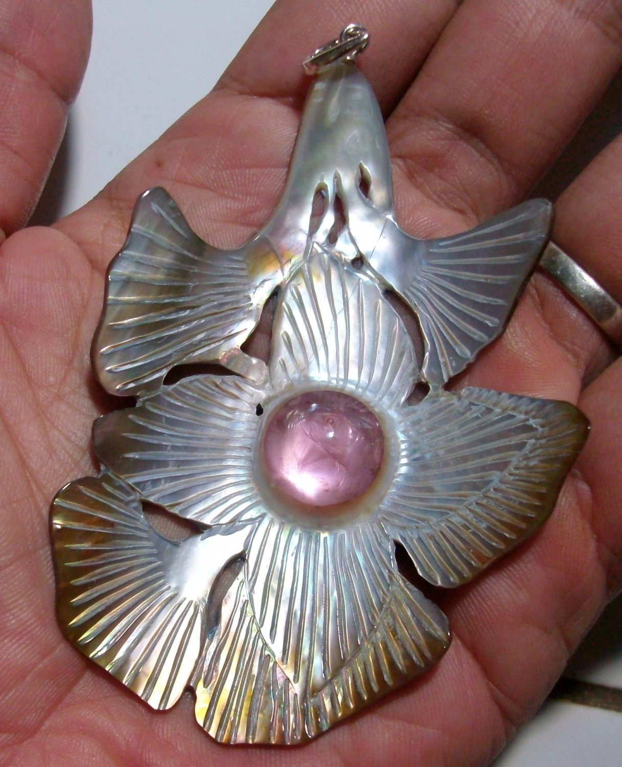 Bali Pendant Necklace Plants Flower PINK Mabe Pearl Mother Sea Shell Carving With Silver Bail 925