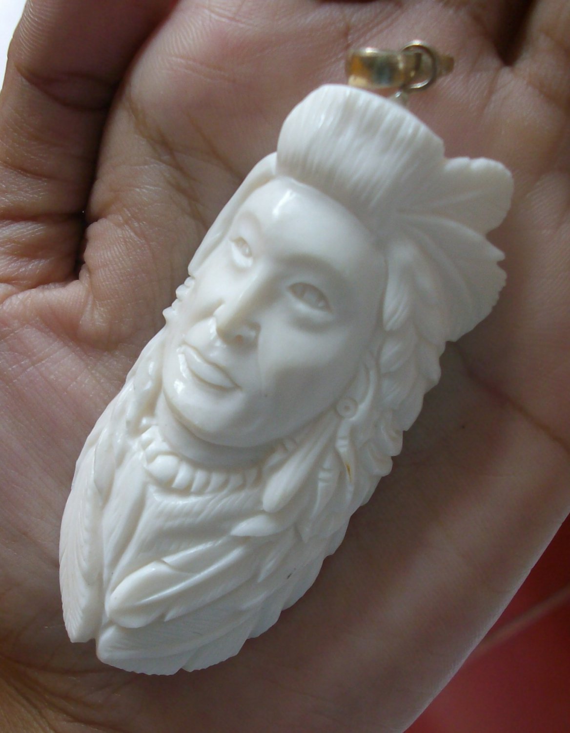 Bali Pendant Necklace INDIAN FACE Old From Buffalo Bone Carving With Silver Bail 925 #r171