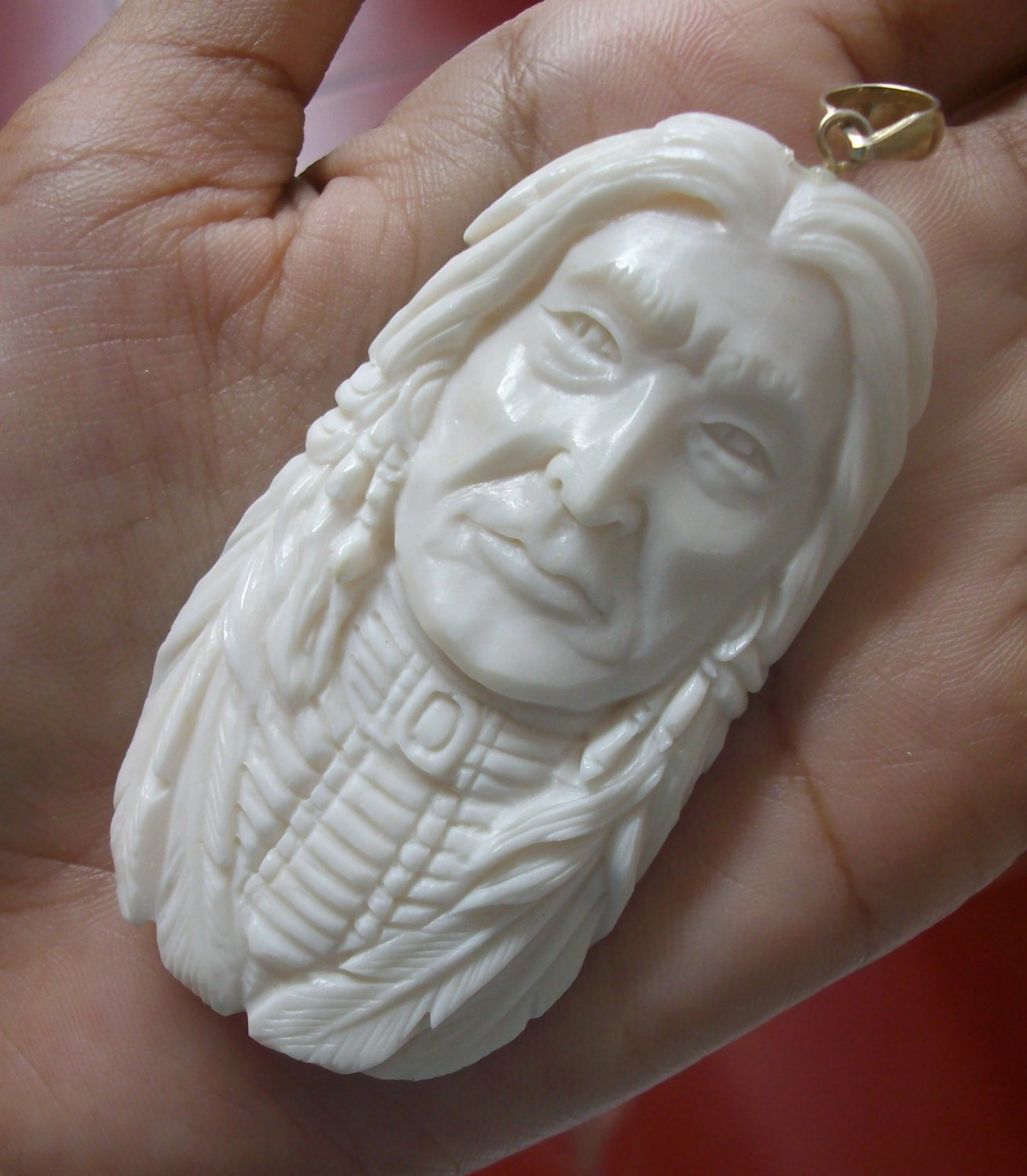 Bali Pendant Necklace INDIAN FACE Old From Buffalo Bone Carving With Silver Bail 925 #r169