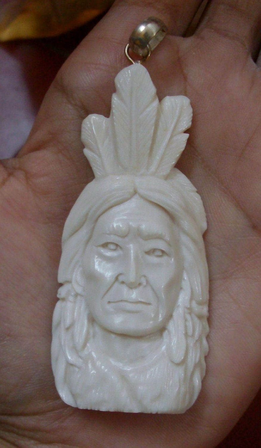 Bali Pendant Necklace INDIAN FACE Old From Buffalo Bone Carving With Silver Bail 925 #r151