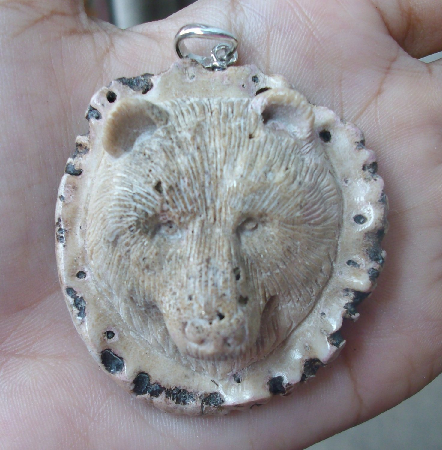 Bali Pendant Necklace BEAR HEAD From Deer Antler Carving w/ Silver Bail 925_r126