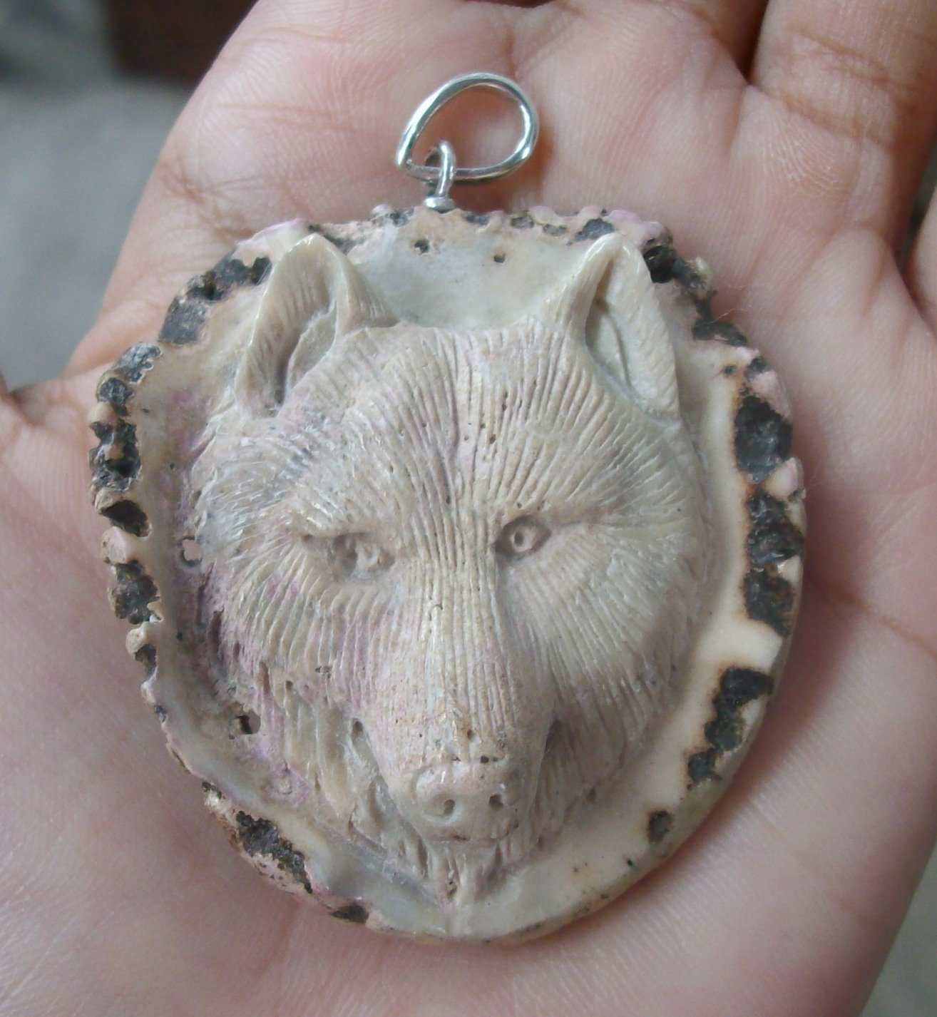 Bali Pendant Necklace WOLF HEAD From Deer Antler Carving w/ Silver Bail 925_r124