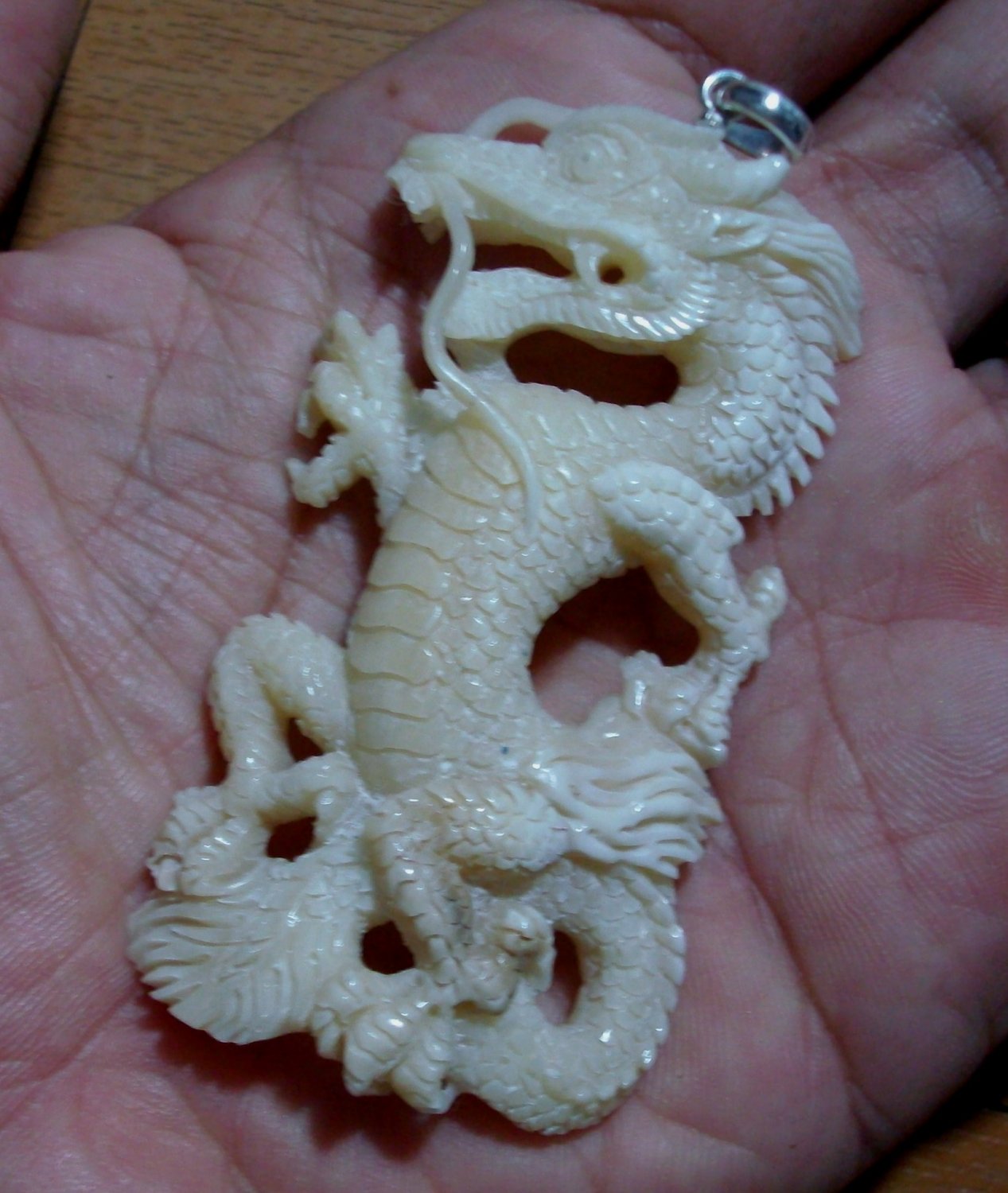 Bali Pendant Necklace China Dragon From Buffalo Bone Carving With Silver Bail 925 #q456
