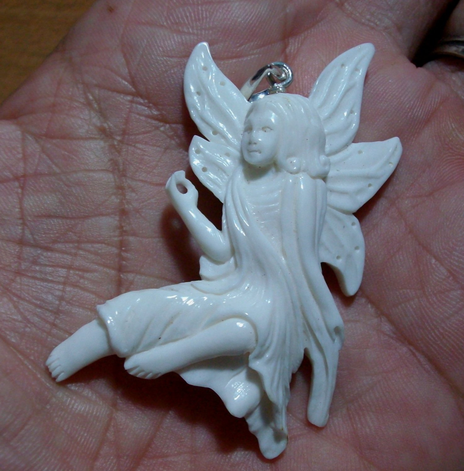 Bali Pendant Beauty Girl Fairy Butterfly Goddes From Buffalo Bone Carving With Silver 925 #q458