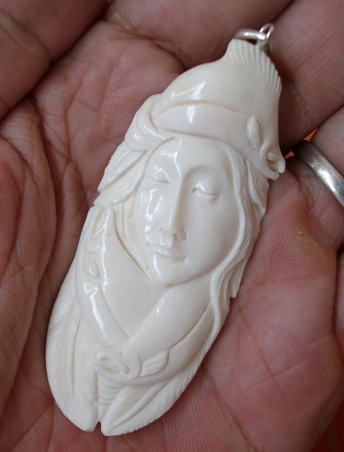 Bali Pendant Necklace Indian Girl & Salmon Fish From Buffalo Bone Carving With Silver Bail 925 #q994