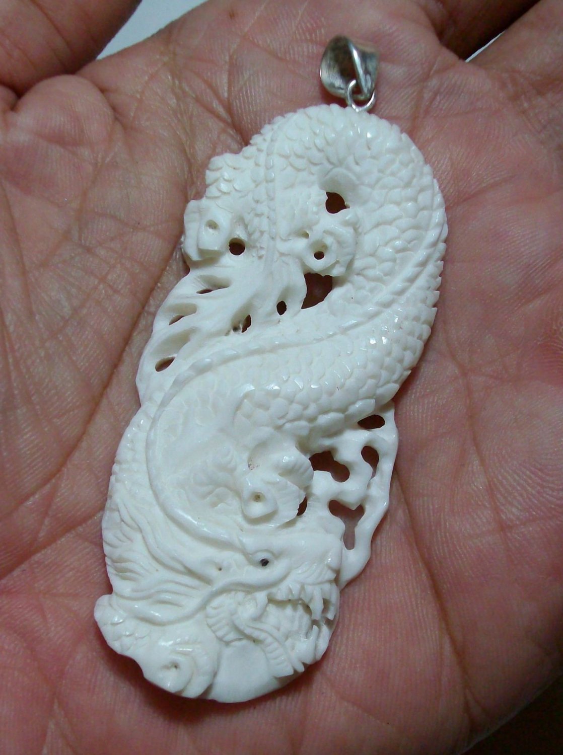 Bali Pendant Necklace CHINA DRAGON From Buffalo Bone Carving With Silver Bail 925 #q938