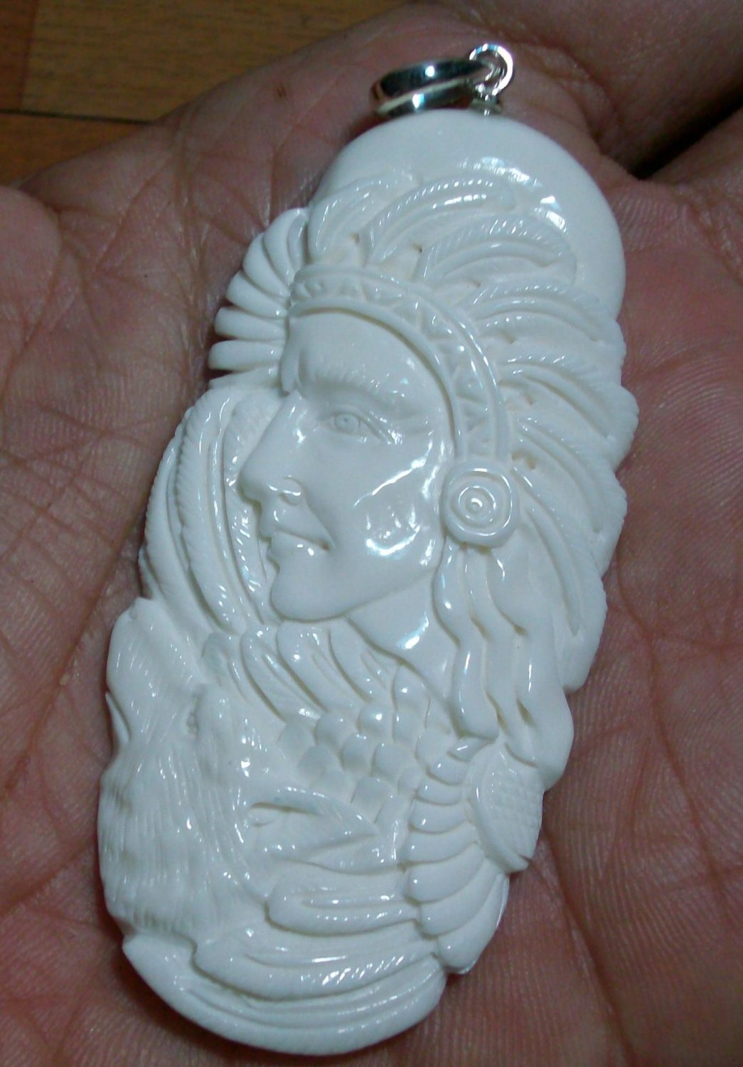 Bali Pendant Necklace Indian Face Wolf From Buffalo Bone Carving With Silver Bail 925 #q337
