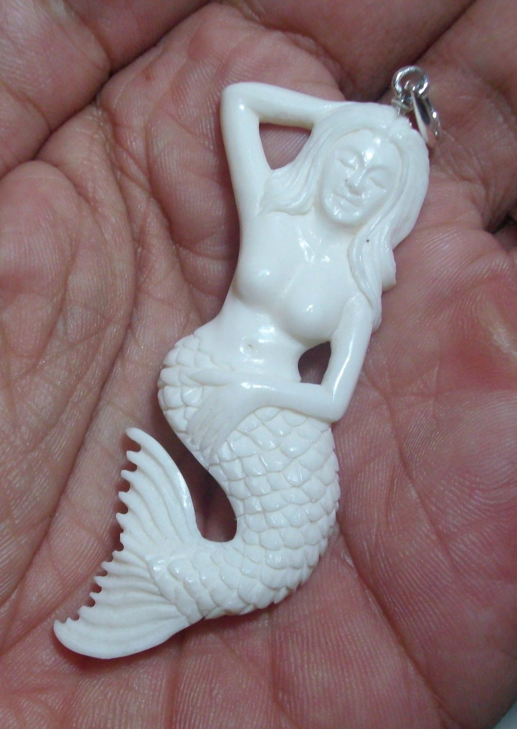 Pendant Double Side Nude Mermaid Girl Woman From Buffalo Bone Carving With Silver Bail 925_q825
