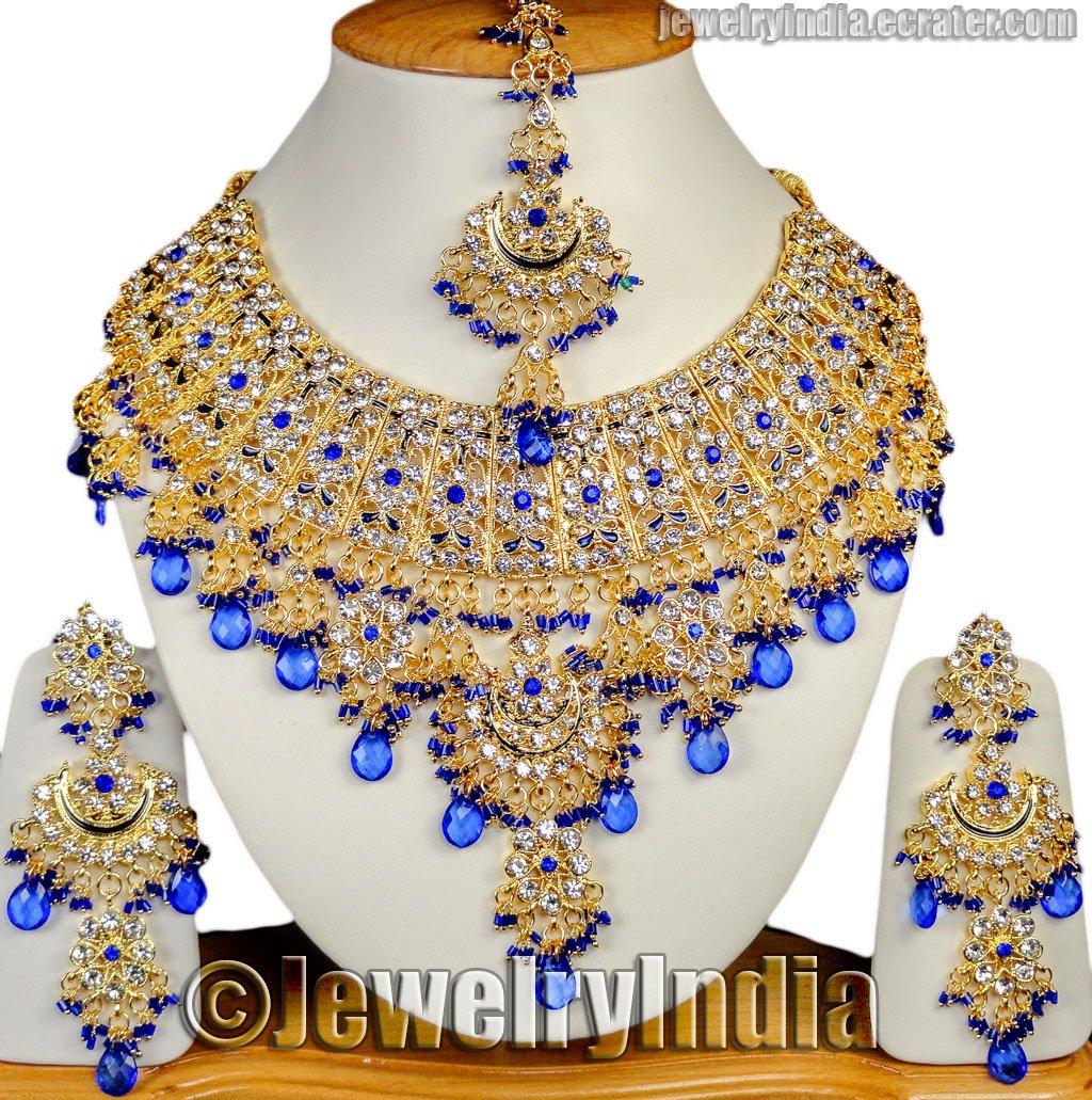Indian Bollywood Bridal Necklace Jewelry Ethnic Kundan Gold Plated CZ Necklace Blue JD13