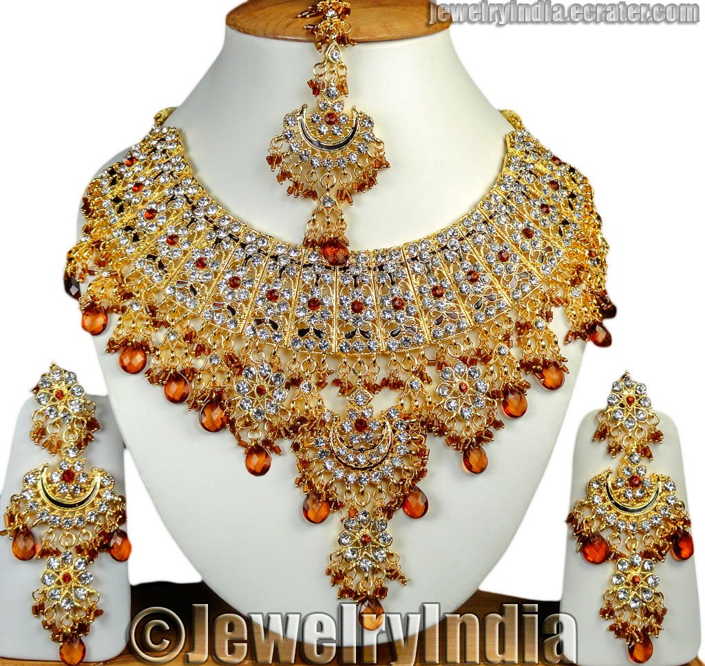 Ethnic Kundan Gold Plated Cubic Zirconia Indian Bollywood Jewelry Coffee JD22 Necklace Set