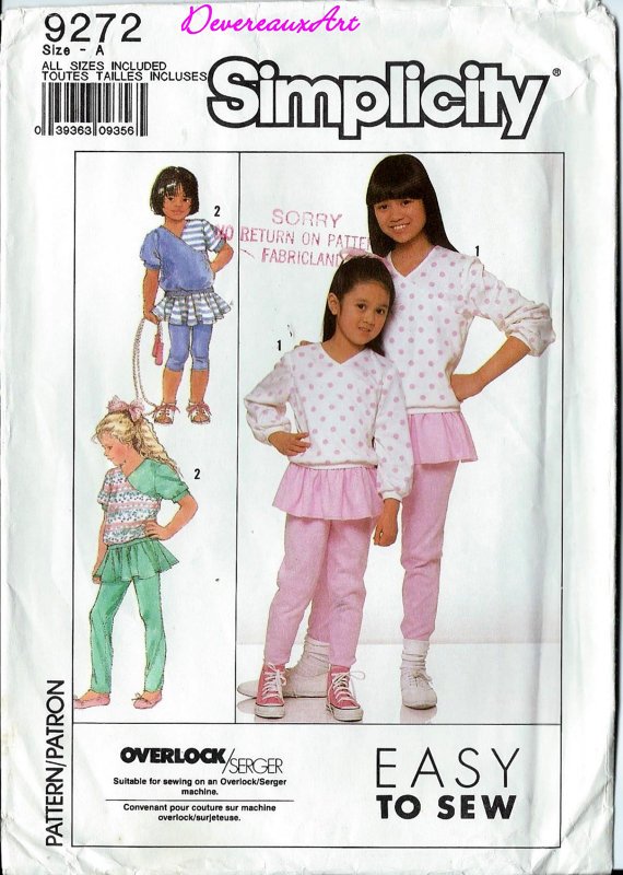 1989-Simplicity Pattern 9272-Size A(3-4-5-6-6x)-Child's Pull-on Pants with Attached Skirt and Top