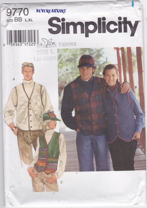 Simplicity Pattern 9770 - UNCUT-Size BB (L,Xl) - Misses, Men and Teen Vest and Hat